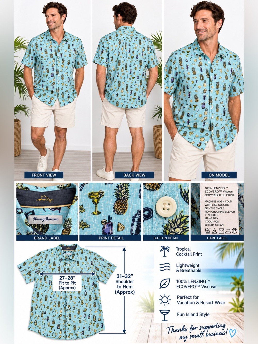 Tommy Bahama Men’s XL Tropical Cocktail Pineapple Print Short Sleeve Shirt Blue